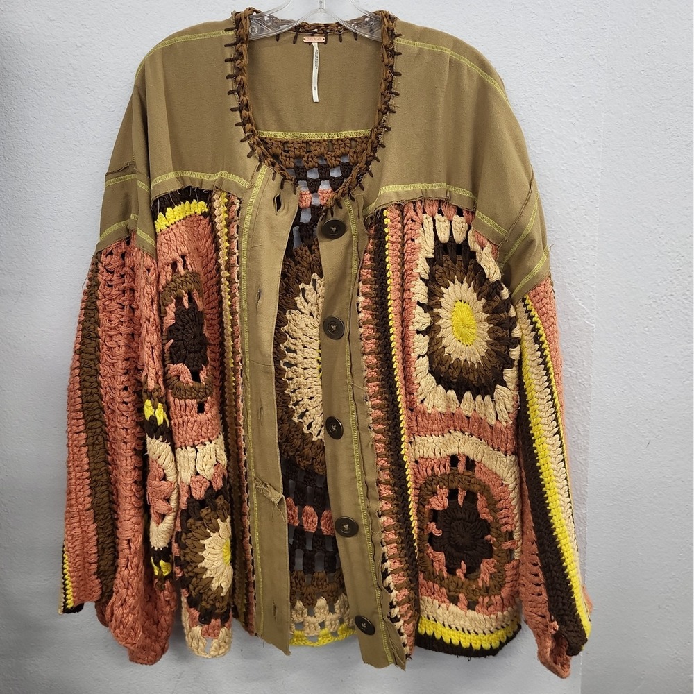 Free People No Rain Crochet & Canvas Sweater Jacket Multicolor Size XL